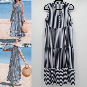 Fashion Navy Tiered Striped Oversized Midi Dress Small Beachy Vacation Summer